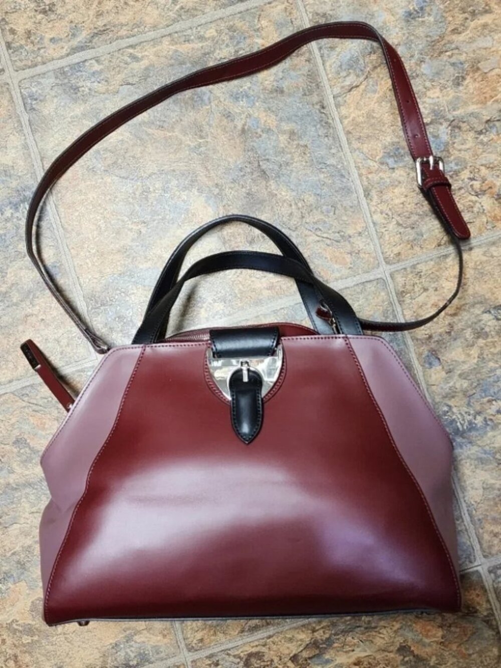 NICOLI Made In Italy Leather Satchel Handbag Two Tone Burgundy/ Mauve